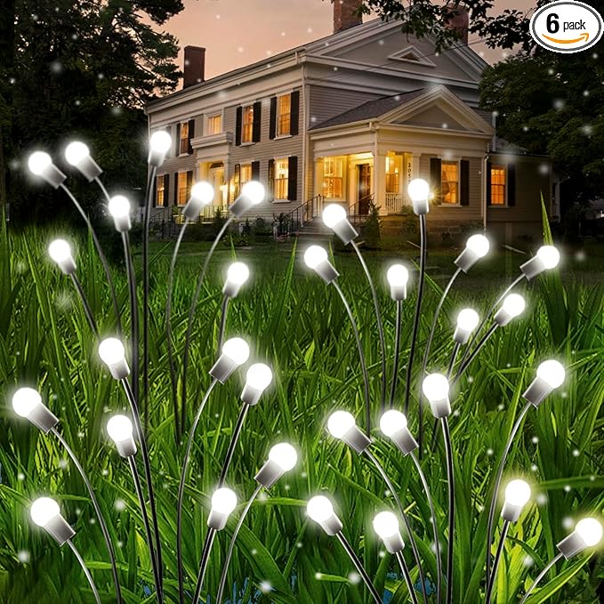 OZS 6 Pack Total 48 LED Solar Firefly Lights Fairy Outdoor - Solar Garden Lights Outdoor, Sway by Wind, Waterproof for Garden Patio Pathway Fairy Decor (Cool White)