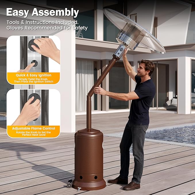 Sundale 50,000 BTU Patio Heater with wheels, Double-Layer Stainless Steel Burner Gas Powered Heaters for Outdoor Use, Propane Patio Heater for Home and Commercial Use, Heats Up to 18ft (Brown)