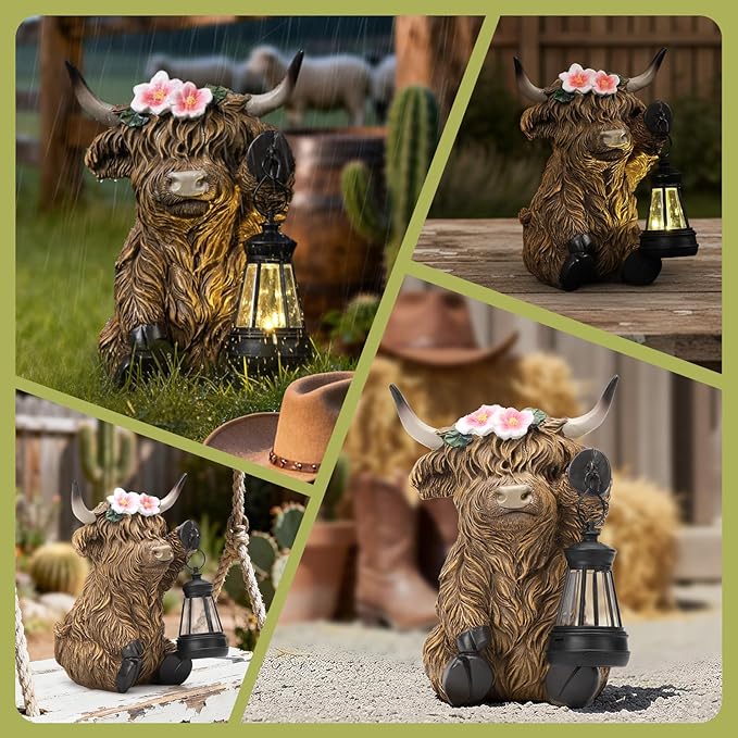 Solar Highland Cow Garden Outdoor Statue,Highland Cow Figurines Sculpture with LED,Farmhouse Decor,Patio Balcony Yard for Pasture & Farm Theme Housewarming Easter Day Gifts for Women Mom