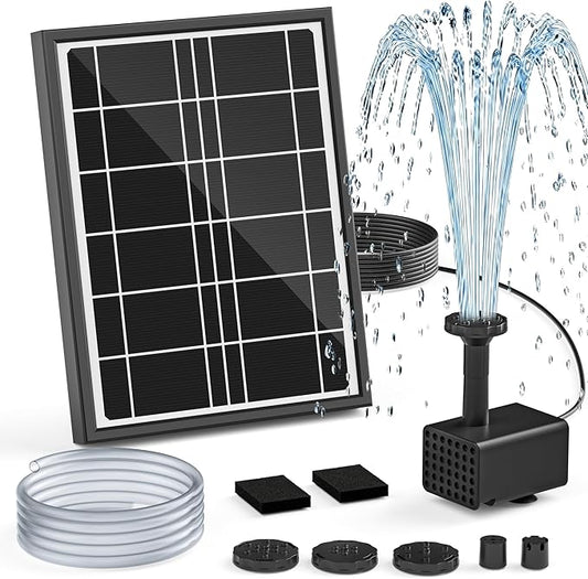 Solar Fountain Pump for Bird Bath, 4W Solar Water Fountain with 5 Spray Modes & 4ft Hose, 9.8ft Power Cord, Dry-Run Protection & Low Noise for Garden Small Pond Fish Tank DIY Water Feature