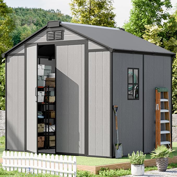 CDCASA 8x6x7 FT Resin Shed with Floor Included, Steel‑Reinforced Large Waterproof Outdoor Storage Sheds with Base & Lockable Door & Window & Vents, Outside Plastic Tool for Outside Patio Backyard by CDCASA