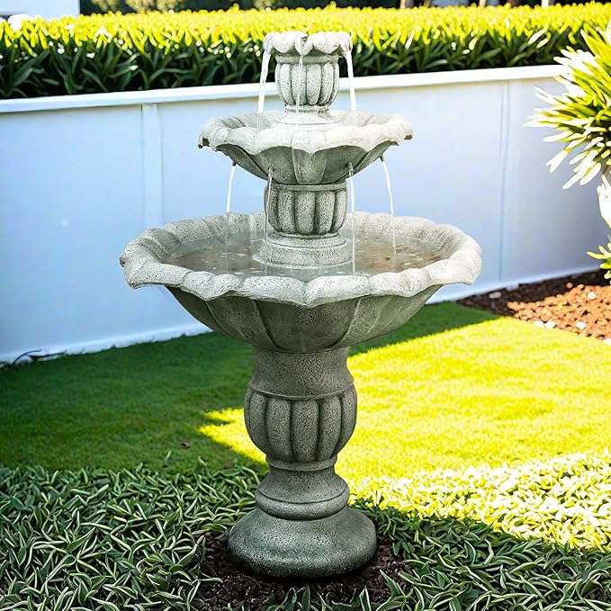 SunJet 39.3” High Modern Concrete Outdoor Water Fountain - 3 Tiered Large Floor Water Fountain and Waterfalls with Electric Pump for Garden, Patio, Yard, and Deck Decor, Featuring Natural Stone Look