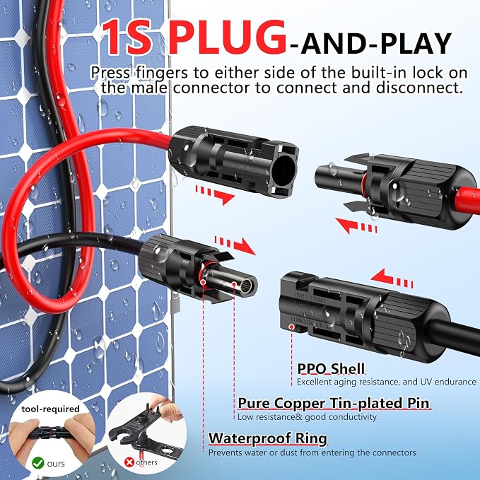 Vansdon 2x20 Feet Solar Panel Extension Cable, 12AWG Solar Cable, Solar Panel Cable with Female and Male Waterproof Connectors for RV, Photovoltaic Systems (20FT Red + 20FT Black) - Image 6