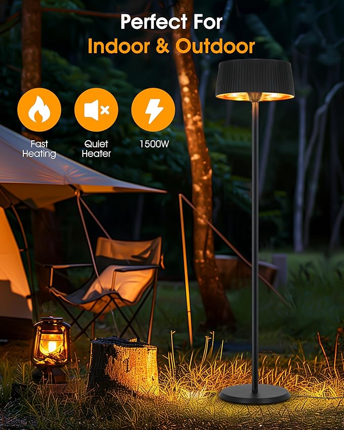 Electric Outdoor Heater for Patio, 1500W Infrared Heater for Indoor & Outdoor, IP55 Waterproof, Fast Heating, Tip-Over Protection, Perfect for Garden, Balcony, Garage (black, freestanding)