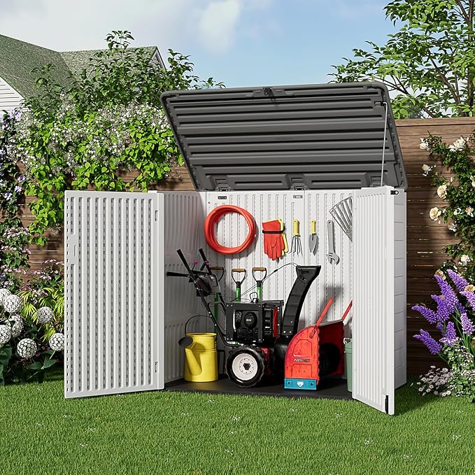 ZZM Large Outdoor Storage Shed, 48 Cu Ft Resin Versatile Storage Cabinet for Patio Accessories, Trash Cans & Garden Tools, Durable Horizontal Storage Box with Lockable Lid (White) - Image 6