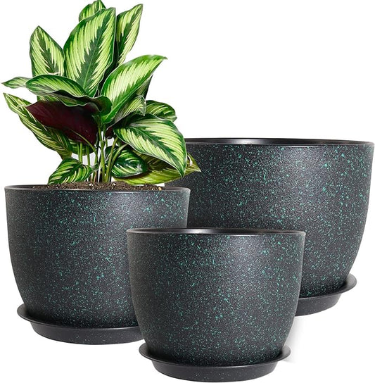 WOUSIWER Plant Pots 10/9/8 inch, Set of 3 Modern Decorative Plastic Planters with Drainage Holes and Saucers for House Plants Indoor Flowers Plants, Black with Green Speckles