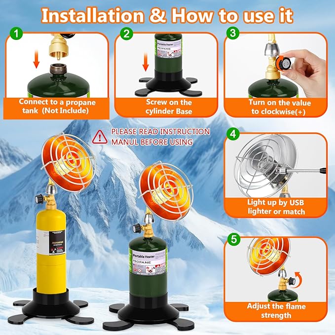 Portable Propane Heater for Camping Outdoor, Space Patio Heater with Control Valve Cordless, Tent Heaters with Foldable Tank Holder for Winter Tent Hiking Ice Fishing Hunting
