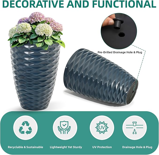 19" H Coastal Planter for Indoor/Outdoor Plants, Set of 2 Large Flower Pot with Drainage Hole, Weather/UV Resistant Resin Planters for Garden Patio Porch Home office Decor, Glossy Navy Blue Wavy