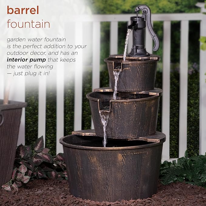 Alpine Corporation 40" Tall Outdoor Floor Tiered Rustic Pump and Barrel Water Fountain, Old-Fashioned Waterfall for Garden, Patio, Yard Decor, Dark Brown
