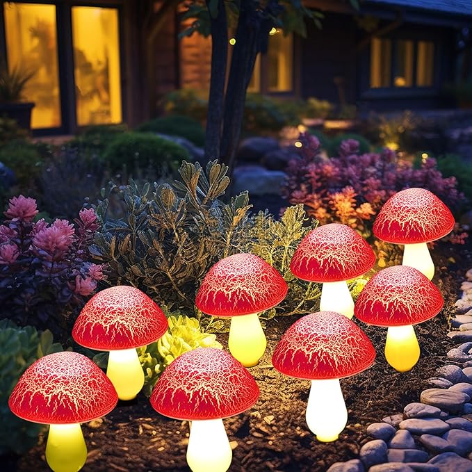 Solar Mushroom Lights Garden Decor 8 Red Crack Mushrooms Outdoor Decor Stake Lights, Waterproof Solar Pathway Light Gardening Gifts for Landscape Easter Gnomes Yard Halloween Christmas Decorations