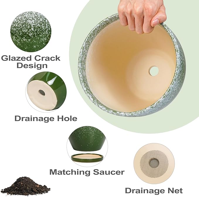 Ceramic Planters 3 Pack - 10 Inch 8 Inch 6 Inch Plant Pots for Indoor Outdoor, Round Decorative Flower Pots with Drainage Holes and Saucers, Garden Home Decor, Gift for Women Men, Green