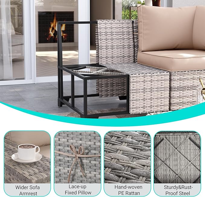 15-Piece Outdoor Patio Furniture Set with Rocking Swivel Chair Wicker Sectional Sofa Set, Patio Conversation Set with Thickened Cushions & Coffee Table for Garden, Backyard, Poolside, Beige