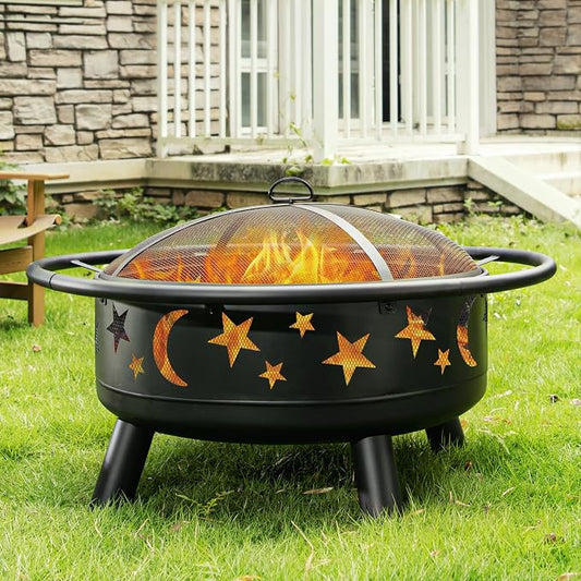 32 Inch Round Fire Pit with Mesh Cover, Fire Poker, Star and Moon Design, Metal Wood Burning Outdoor Firepit for Patio, Backyard, Garden, Bonfire Party,Perfect for Christmas, Thanksgiving, Halloween by MISTMO