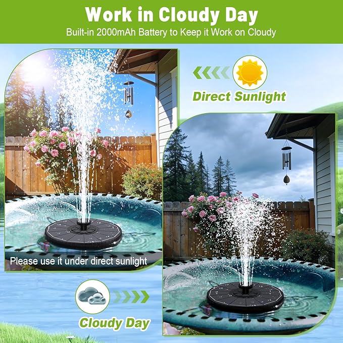 Solar Fountain with 3 Spray Height, Works in Shade, 3.5W Glass Solar Bird Bath Fountains with 2000mAh Battery and 4 Rotating Rods, 7 Nozzles, Outdoor Water Fountain Pump for Garden, Pool, Pond