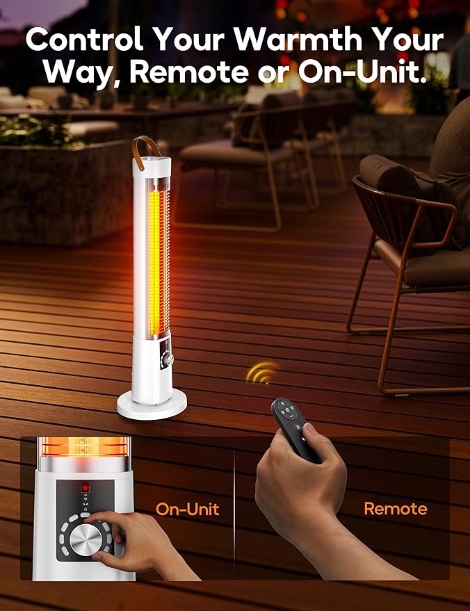 Outdoor Heater for Patio, 1500W Electric Infrared Heaters for Porch Garage Indoor Use, 9H Timer, 60° Oscillation & 9 Heat Level, Tip-Over/Overheating Protection, Safety Lock, Super Quiet, IPX5, White