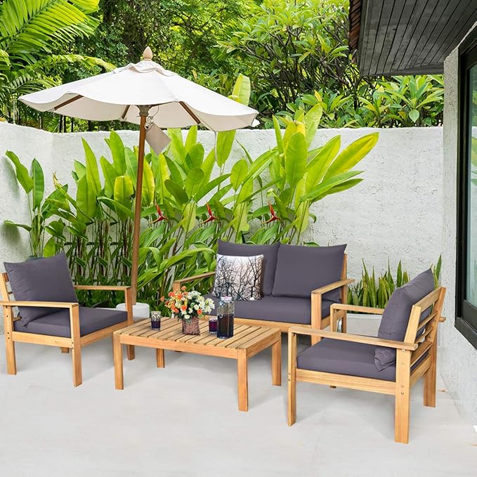 Tangkula Outdoor 8-Piece Acacia Wood Chat Set, 8 Seater Acacia Wood Conversation Sofa and Table Set, Teak Finished (2, Grey)