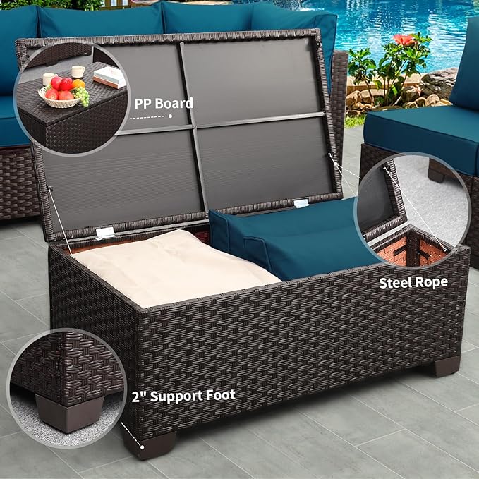 Patio Sectional Sofa Set 7 Pieces Outdoor Wicker Furniture Couch Patio Storage Table with Thicken(5") Non-Slip Cushions Furniture Cover, Peacock Blue