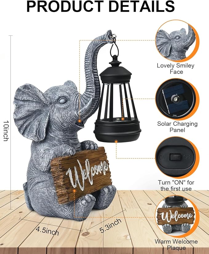 Outdoor Elephant Statues Solar Garden Decor Lights - Elephant Decoration for Garden, Balcony, Patio, Yard, Lawn - Housewarming, Fathers Day, Unique Birthday Gifts for Women Mom Grandma(White)