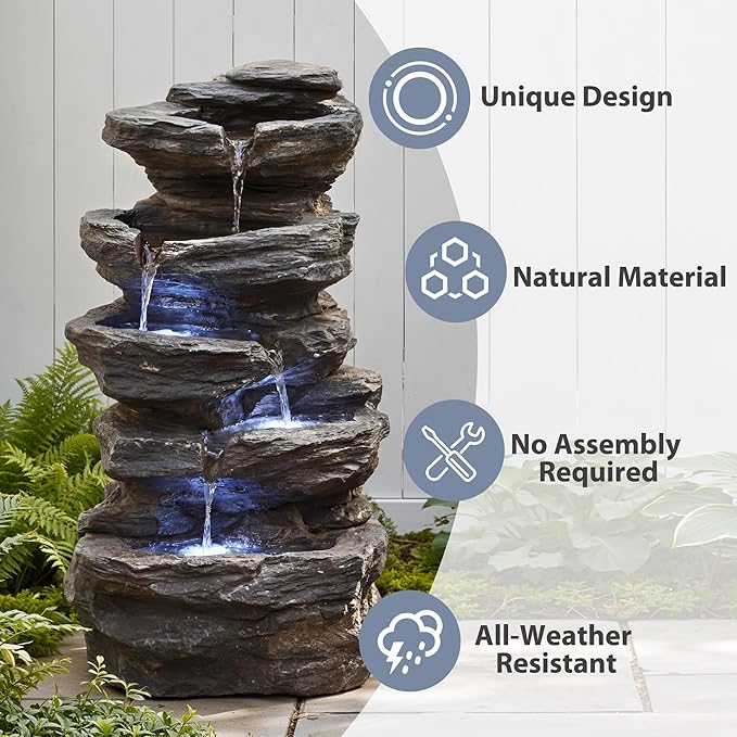 19.7" Tall Outdoor Water Fountain, 5 Tier Cascading Bowls and Stacked Water Fountain with LED Lights, for Yard Décor, Backyard, Patio and Deck (19.7'')