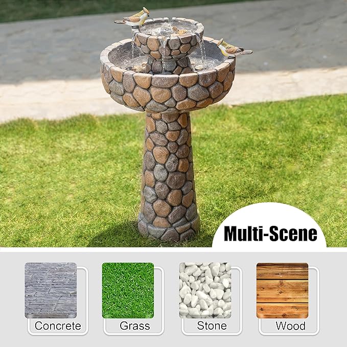 Glitzhome 2-Tier Stone Like Outdoor Water Fountain with Birds, Bird Bath Outdoor Waterfall Fountain Decor, Freestanding Water Fountains with Pump for Garden Yard Patio Porch, 24.41”H