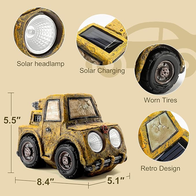 Garden Statue Outdoor Solar Car Decor with LED Light Vintage Resin Sculpture Truck Rustic Decoration for Lawn Patio Yard Gifts for Women