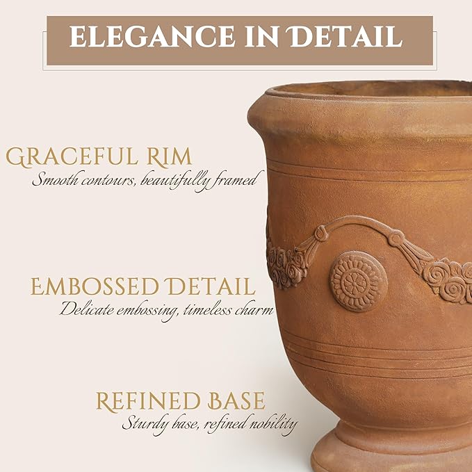 Planters for Indoor & Outdoor Plants, 16.5 Inch Large Magnesium Oxide Urn Planter with Drainage Hole, Decorative Unique Garden Plant Pots for Front Porch & Home Decor, Rust Color