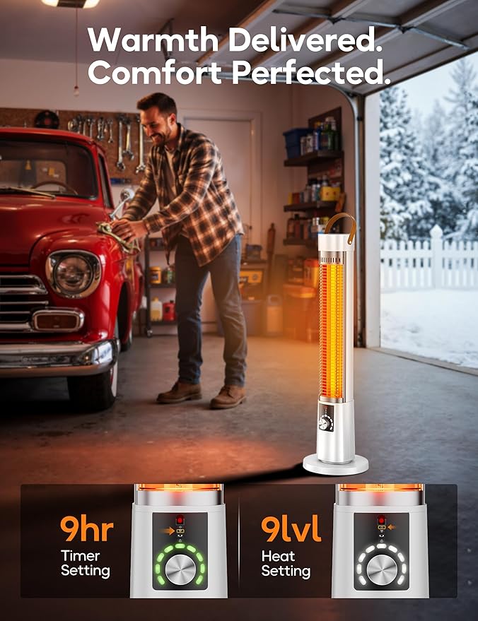 Electric Patio Heater,9H Timer, 60° Oscillation, Portable Space Heater for Outdoor, 11 Heat Level, Tip-Over/Overheating Protection, Safety Lock，white-5