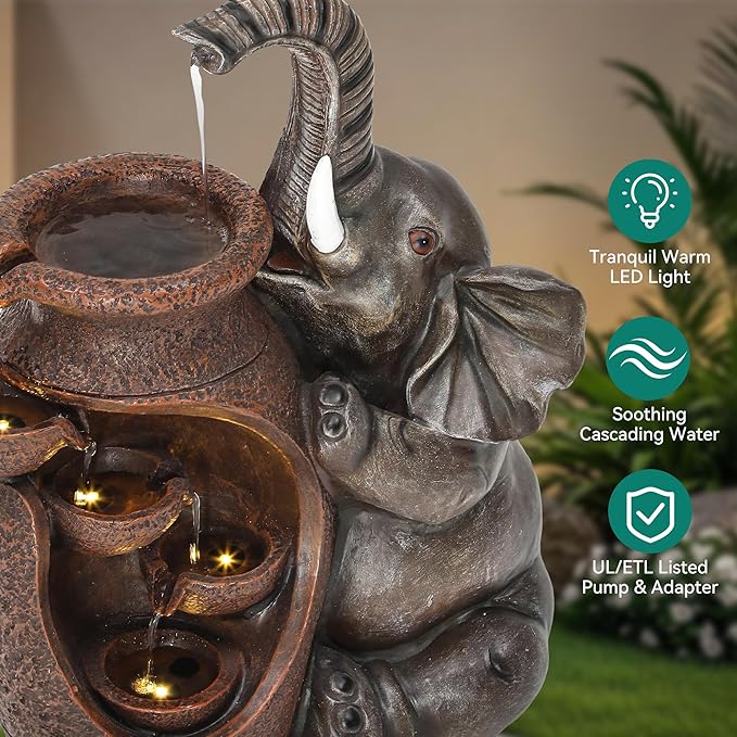 20" Elephant Jars Outdoor Fountain, 5-Tier Rustic Playful Resin Statue Water Feature with Lights, Soothing Cascading Waterfall for Charming Tranquil Garden, Patio, Yard, Porch, or Home Décor