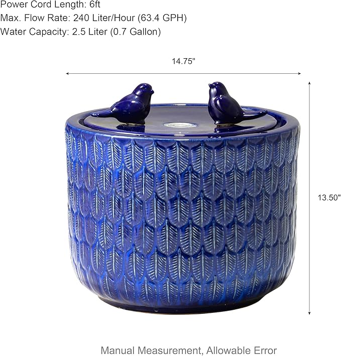 Glitzhome 14.75”H Outdoor Ceramic Garden Water Fountain with LED Lights and Pump, Two Birds Embossed Leaf Pattern Patio Fountain Floor Standing Bird Bath Fountains for Porch Deck Backyard, Cobalt Blue