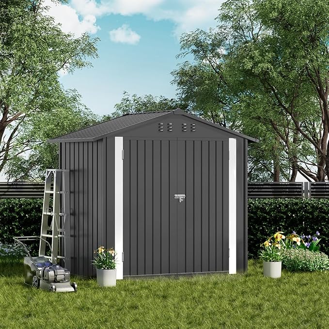 COMHOMA Shed Outdoor Storage Shed Metal,Lockable Doors Tool Sheds with Sloping Roof,Steel Garden Shed with Air Vent for Backyard,Patio,Lawn,Poolside(Grey,6'x4') - Image 7