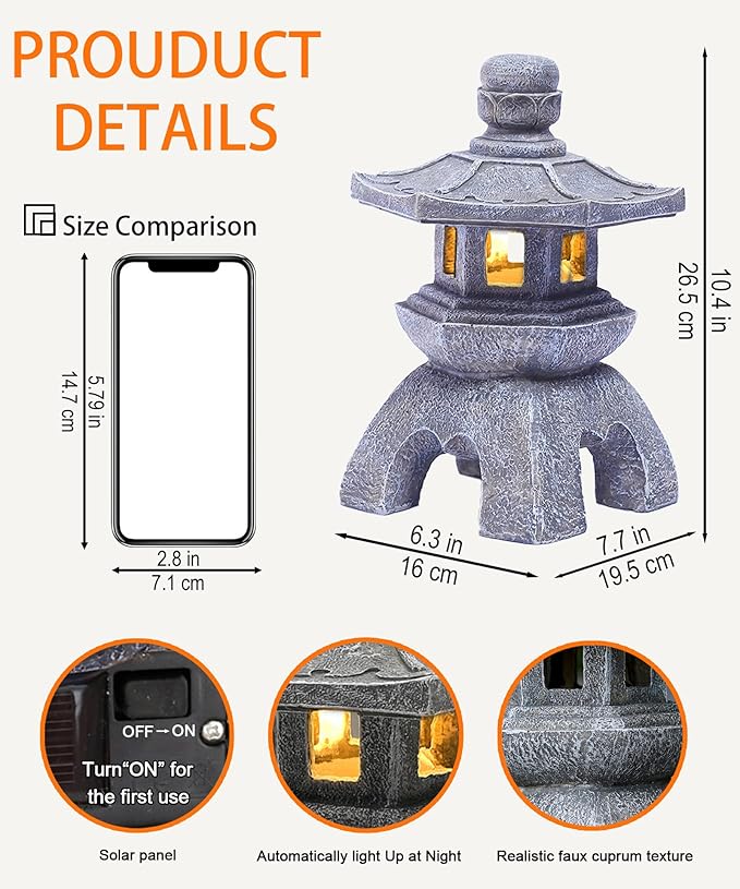 Nacome Solar Pagoda Lantern Garden Statue,Indoor/Outdoor Zen Asian Decor for Landscape Balcony,Garden,Patio,Porch Yard Art Ornament,Polyresin, Stone Finish