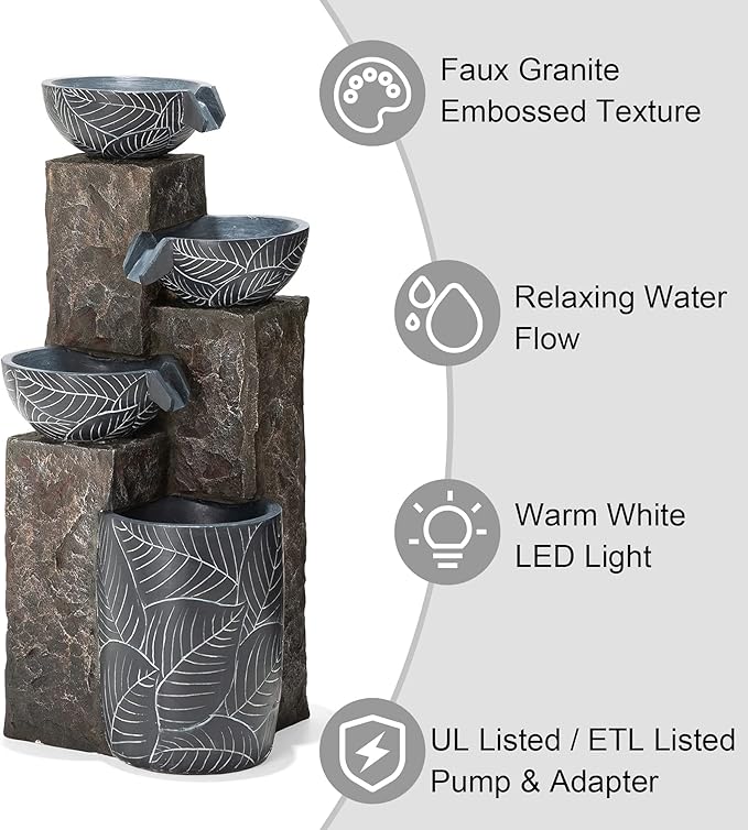 Glitzhome 32.75" H Outdoor Garden Water Fountain with LED Lights and Pump, Natural Leaf Textured 4-Tier Resin Cascading Floor-Standing Fountain for Porch Deck Patio Backyard Decoration