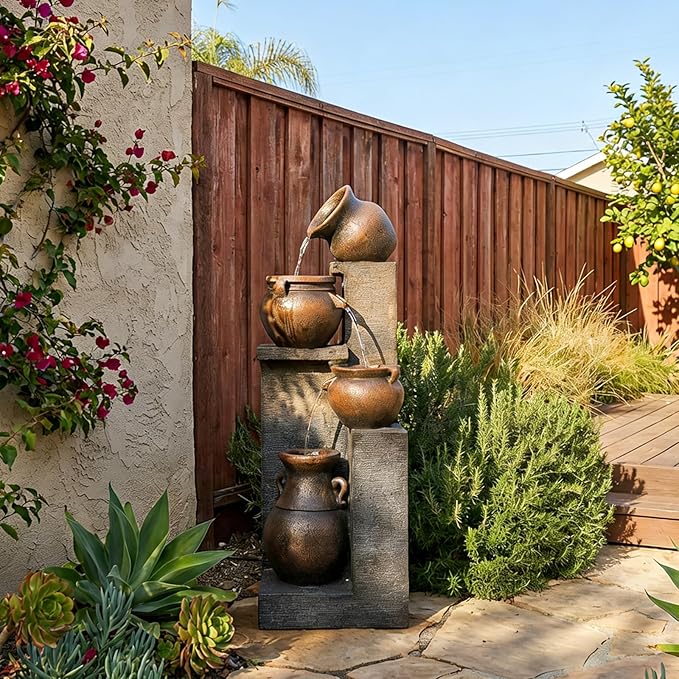 53" H Large Outdoor Water Fountain with Lights - 4 Tiered Cascading Bowls Waterfall Fountain for Garden, Patio, Backyard, Porch Inside - Freestanding Outdoor Water Feature Gold