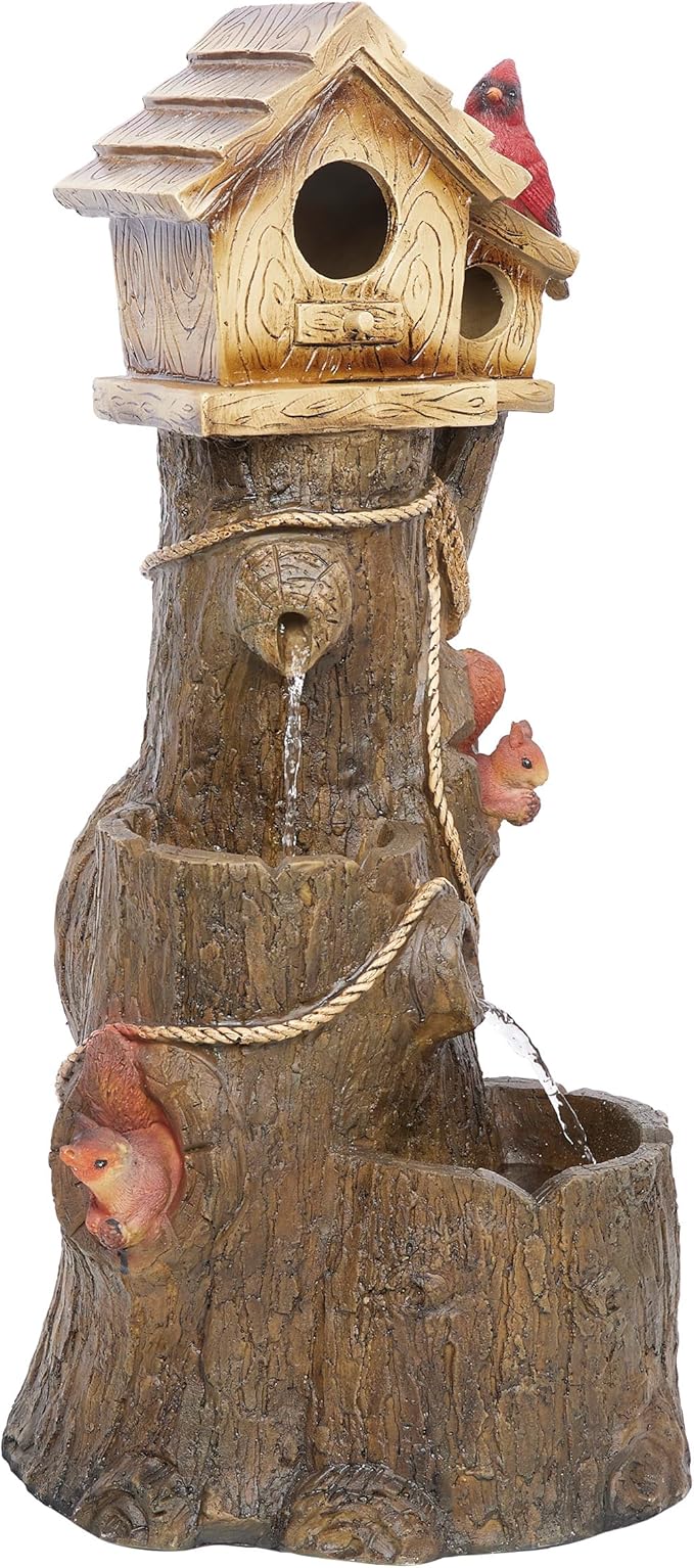 Alpine Corporation ZEN552 Outdoor Multitiered Birdhouse with Cardinal and Squirrels Water Floor Fountain for Patios, Gardens, and Yard Decor, 24" H, Brown