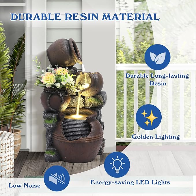 Outdoor Cascading Rock Water Fountain, 4-Tiers Fountains and Waterfalls with LED Lights, Indoor Freestanding Resin Waterfall Feature w/Pump for Patio, Garden, Backyard, Deck, Porch, Home Decor