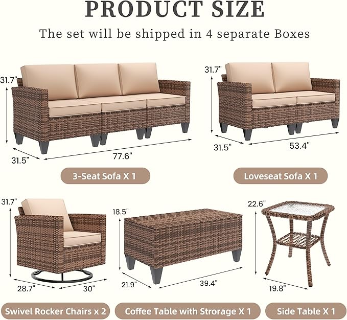 UDPATIO Patio Furniture Set, 6 Pieces Outdoor Furniture Sets with Rocking Swivel Chairs, Wicker Rattan Outdoor Conversation Set with Storage Table and Waterproof Covers for Backyard Deck Porch, Khaki