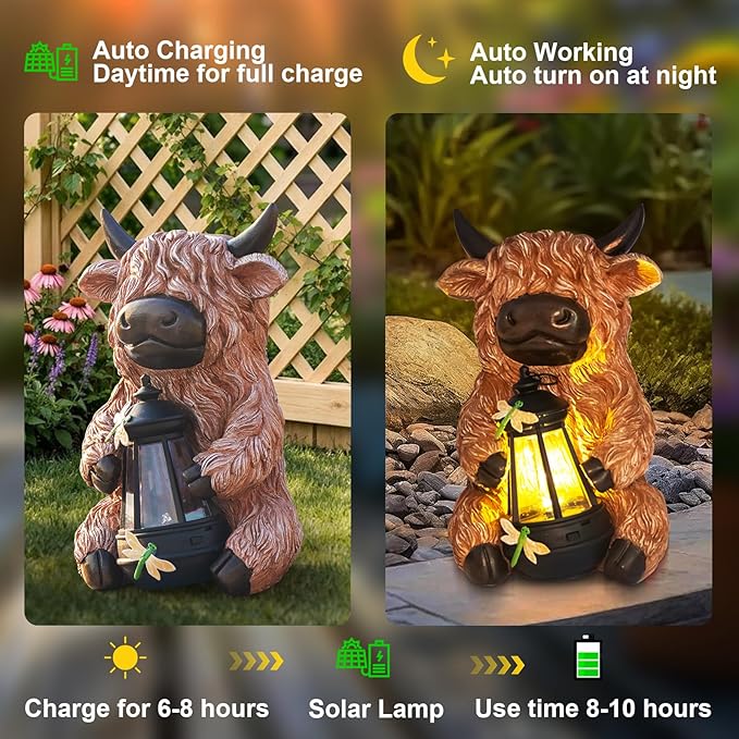 DKJOCKY Highland Cow Garden Decor Statue with Solar Light Lantern, Birthday Gifts for Women Mom Grandma, Funny Waterproof Resin Figurine Outdoor Decorations for Yard Patio Lawn Balcony Porch
