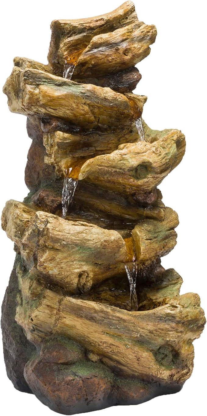 Alpine Corporation TZL226 Outdoor 4 Tier Log Tree Trunk Waterfall Floor Fountain with LED Lights, Tiered Garden Décor, 24" H, Brown