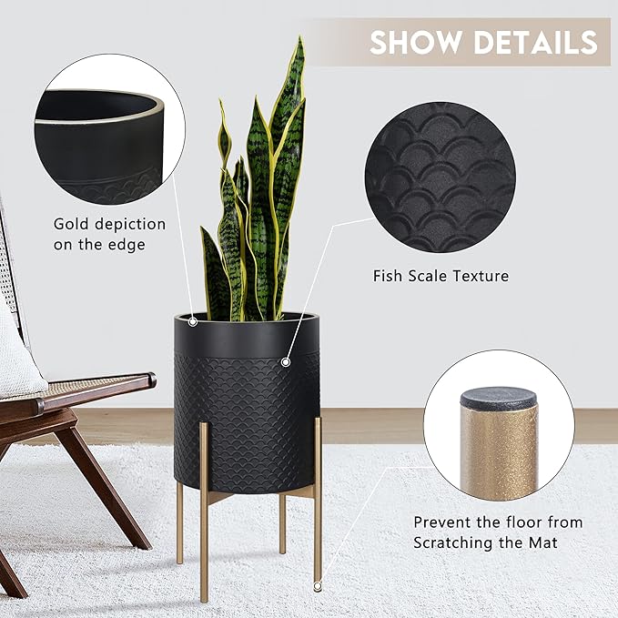 Oakrain Planters for Indoor Plants, Set of 2 Mid Century Modern Planter with Stand, Decorative Metal Planter Pots for Living Room, Office, Garden or Balcony, Black, 10"&12"
