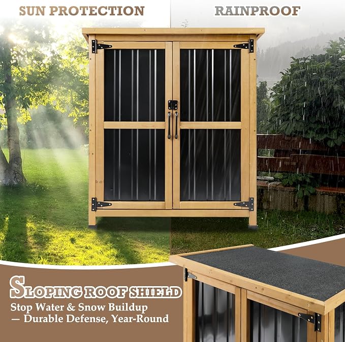 Outdoor Storage Cabinet Waterproof with Shelves, Storage Box with Lockable Doors, Wood & Metal Patio Yard Pool Garden Storage Cabinet Organizer, Gifts for Women Men - Image 5