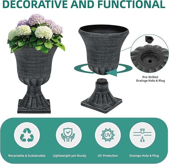 22" Tall Plastic Urn Planters Set of 2, 3D Textured Washed Black Finish Pedestal Plant Pots, Weather-Resistant Large Flower Pots for Front Porch, Patio, Garden & Indoor Use