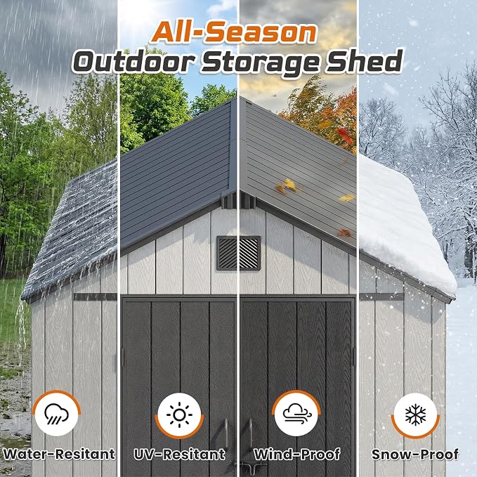Jocoevol Outdoor Storage Shed, 8x15FT Resin Shed with Floor & Windows, Thickened Heavy Duty All-Weather Garden Tool Shed for Backyard, Patio, Lawn, Gray - Image 8
