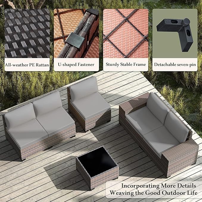 12 PCS Outdoor Patio Furniture Set,Outdoor Sectional Furniture All Weather PE Rattan Wicker Patio Conversation Set with 2 Coffee Tables and 10 Thickened Cushions,Grey