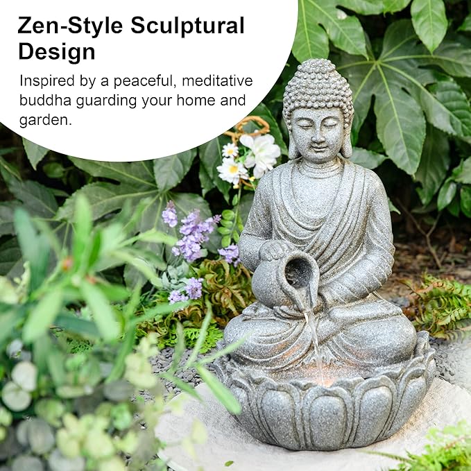 Glitzhome Buddha Fountain Outdoor 20.5" H, 2-Tier Zen Style Concrete Meditating Buddha Statues Water Fountains with Pump & LED Light, Buddhas Floor Fountains Sculpture for Garden Patio Backyard