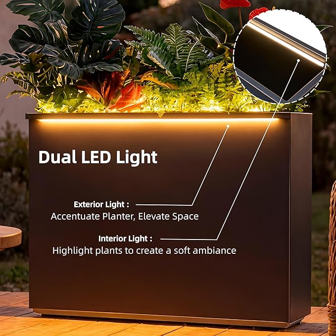 Wallowa Metallic Heavy Outdoor Planter Box with LED Light, Span Planter, Pure Black with Hand Brushed Gold Rim, Long and Tall Divider Planter, No Assembly and Seamless, 38”Lx10”Wx30”H Black