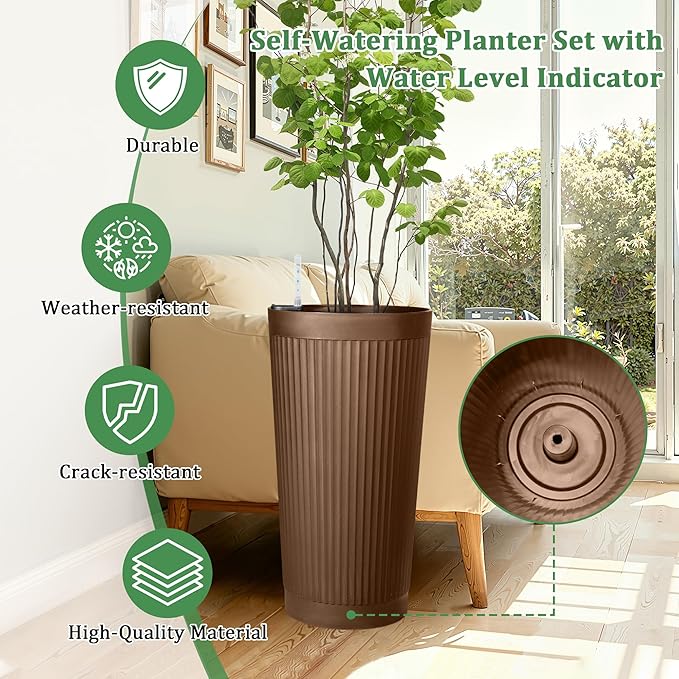 Set of 2 Self-Watering 24in Plastic Round Planters with Vertical Stripe Design – Indoor Outdoor Flower Pots for Plants, Herbs, Small Trees