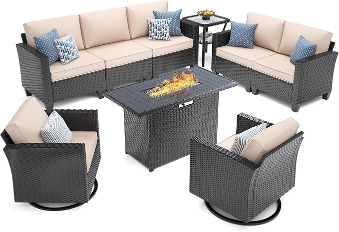 UDPATIO Patio Furniture Set with Fire Pit Table and Swivel Rocking Chairs, 6 Pieces Outdoor Wicker Furniture Set with Waterproof Cover, 4'' Thickened Cushion, Khak