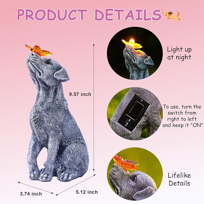 Goodeco Dog Statue with Solar Butterfly - Ideal Gifts for Mom, Dad or Birthdays, Beautifully Crafted Outdoor Decorations to Wow Your Guests - Image 2