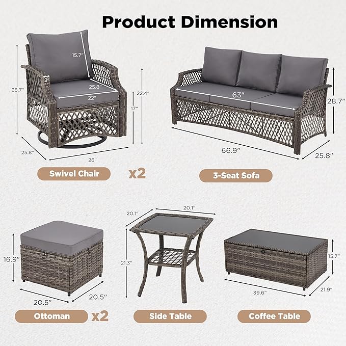 HOMREST 7 Piece Patio Furniture Set, Wicker Outdoor Conversation Set with Swivel Chairs, 2 Ottomans, Storage Coffee Table, Rattan Outdoor Sectional Sofa for Deck Backyard Porch （7 Seats, Gray）