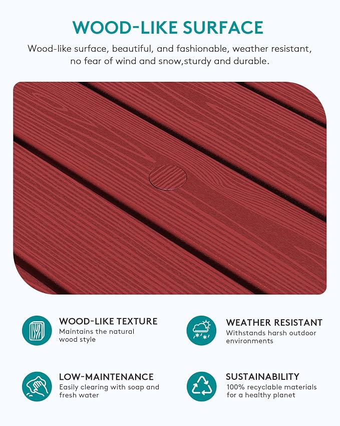 SERWALL Outdoor Coffee Table with 1.69" Umbrella Hole, HDPE Patio Coffee Table for Outside, Rectangle, Red - Image 4